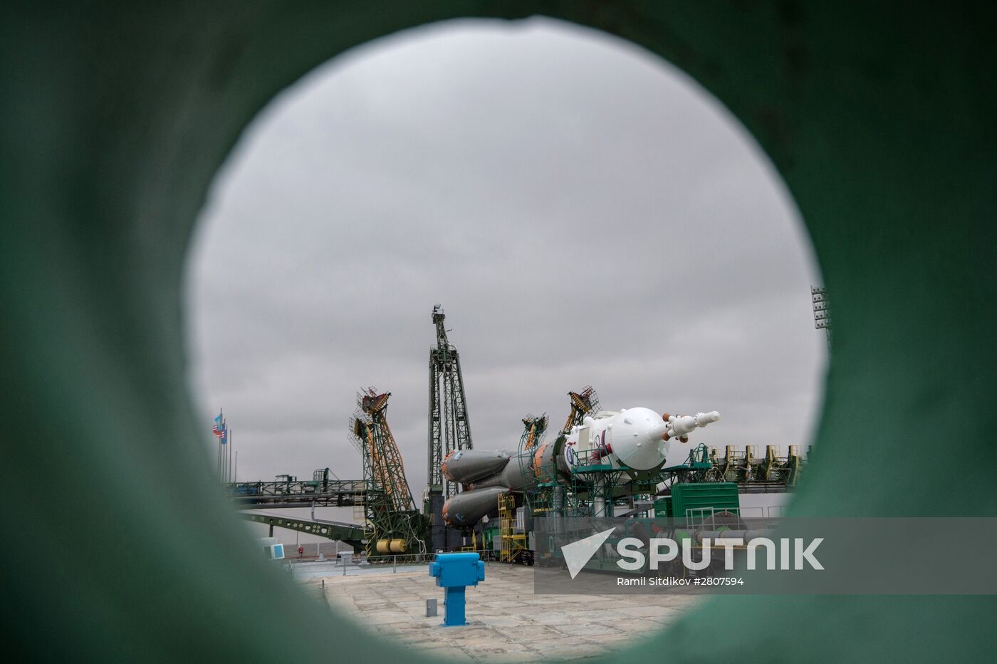 Soyuz-FG launch vehicle with manned Soyuz-TMA-20M spacecraft mounted at first Gagarinskaya launch pad