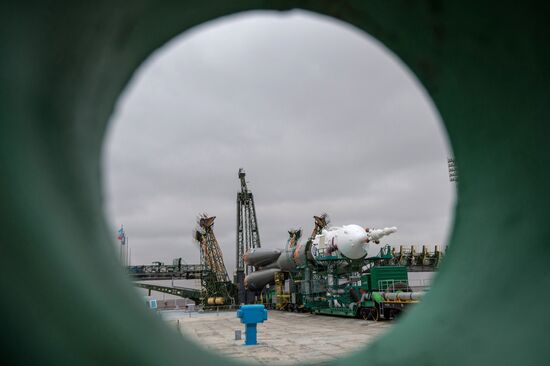 Soyuz-FG launch vehicle with manned Soyuz-TMA-20M spacecraft mounted at first Gagarinskaya launch pad