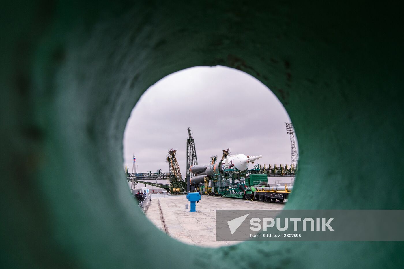 Soyuz-FG launch vehicle with manned Soyuz-TMA-20M spacecraft mounted at first Gagarinskaya launch pad