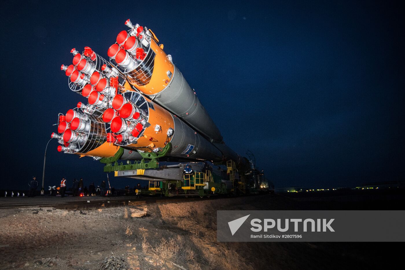 Soyuz-FG launch vehicle with manned Soyuz-TMA-20M spacecraft mounted at first Gagarinskaya launch pad