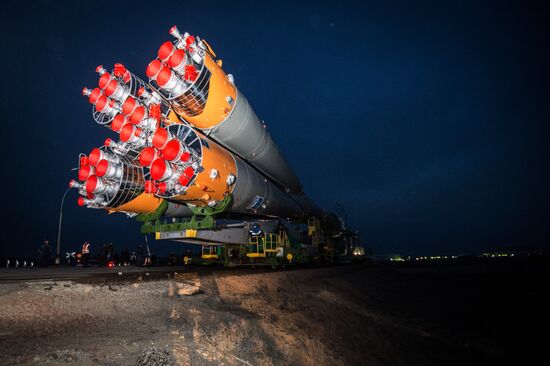 Soyuz-FG launch vehicle with manned Soyuz-TMA-20M spacecraft mounted at first Gagarinskaya launch pad