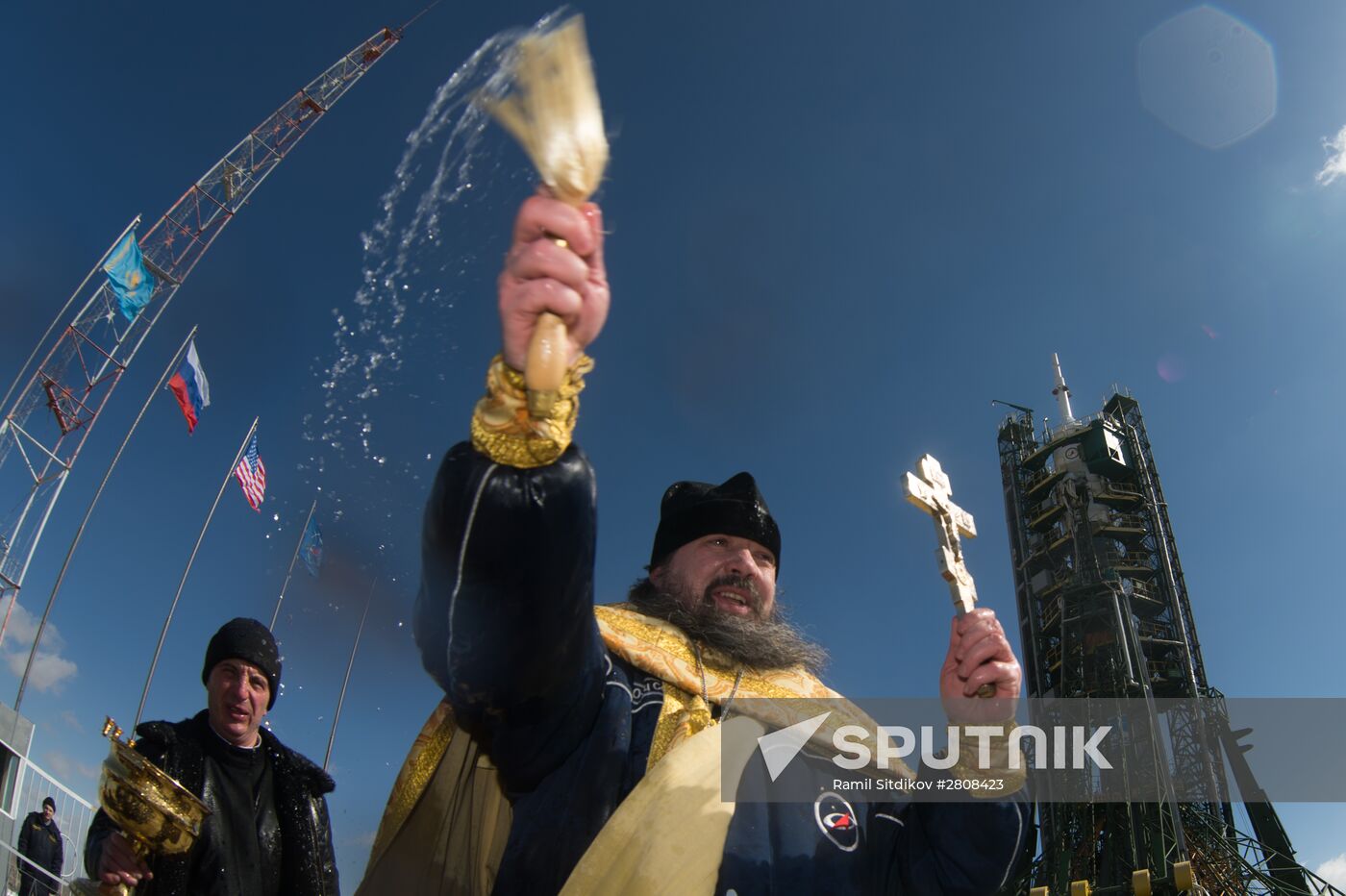 Soyuz-FG rocket with Soyuz TMA-20M spacecraft consecrated before launch at Baikonur