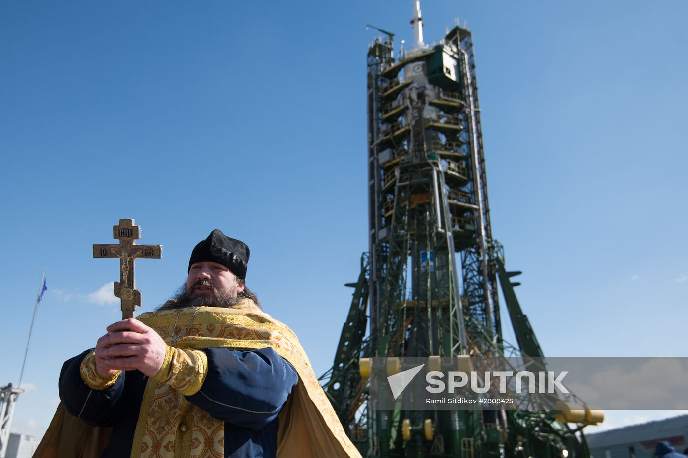 Soyuz-FG rocket with Soyuz TMA-20M spacecraft consecrated before launch at Baikonur