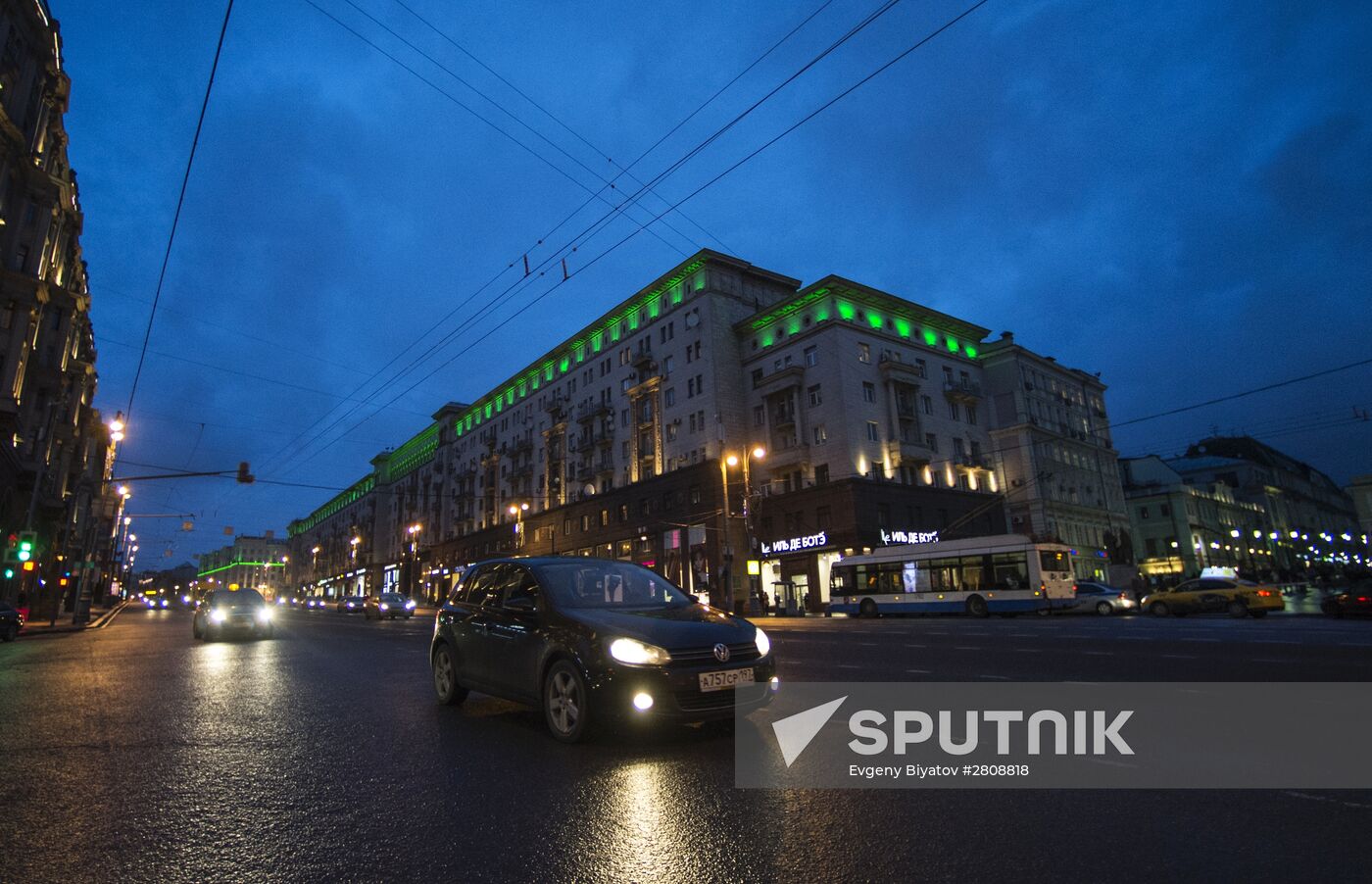 Buildings illuminated green for St. Patrick's Day