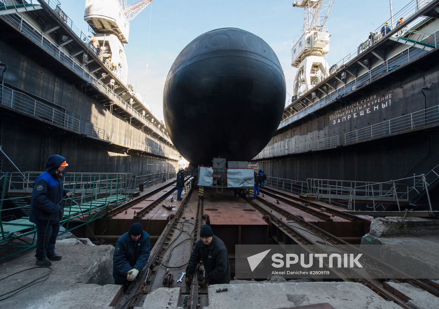 The launch of The Veliky Novgorod submarine in St. Petersburg