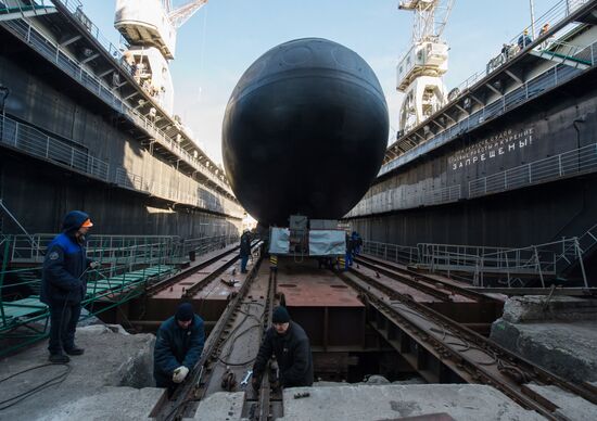 The launch of The Veliky Novgorod submarine in St. Petersburg