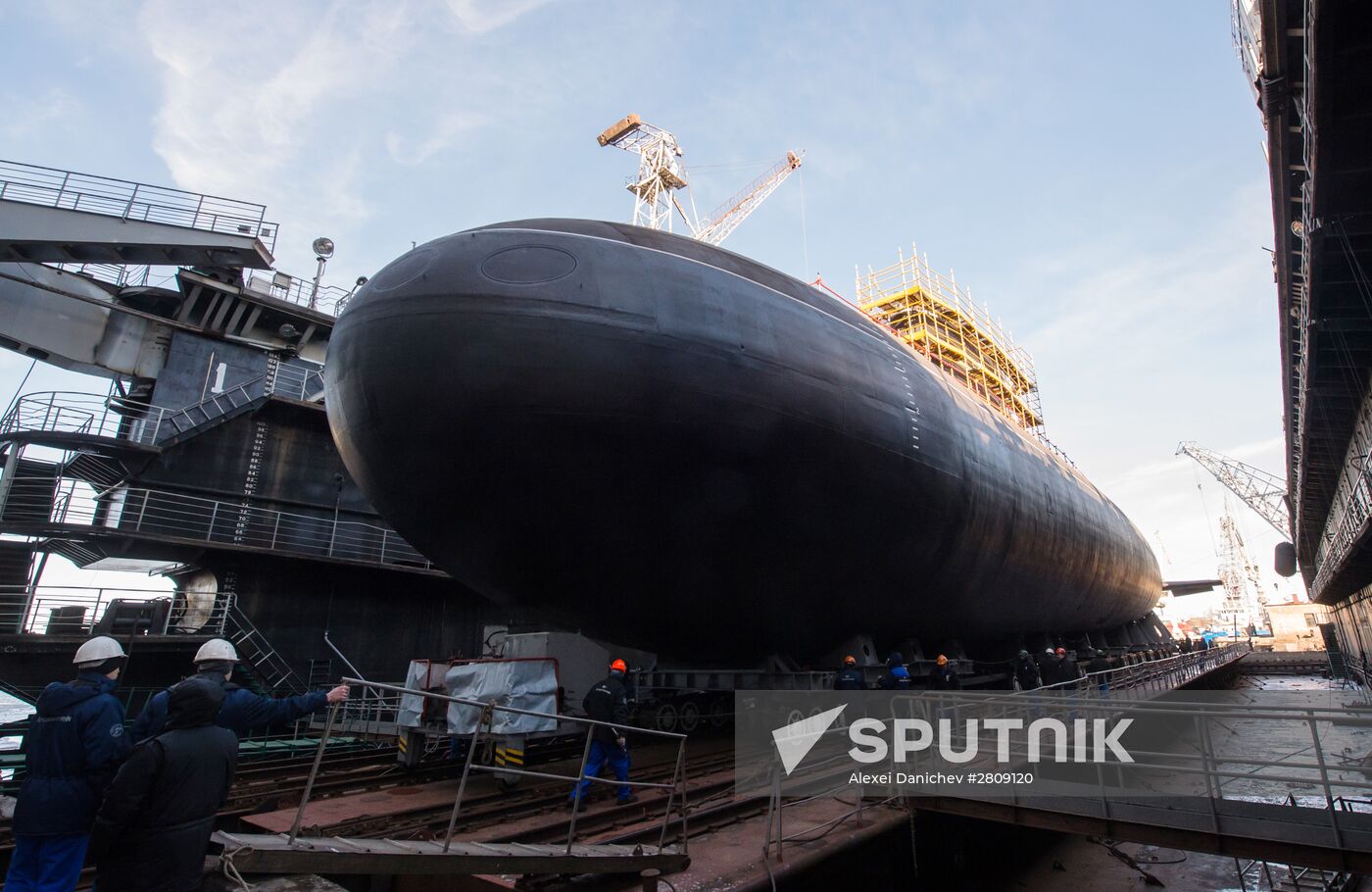 The launch of The Veliky Novgorod submarine in St. Petersburg