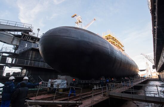 The launch of The Veliky Novgorod submarine in St. Petersburg