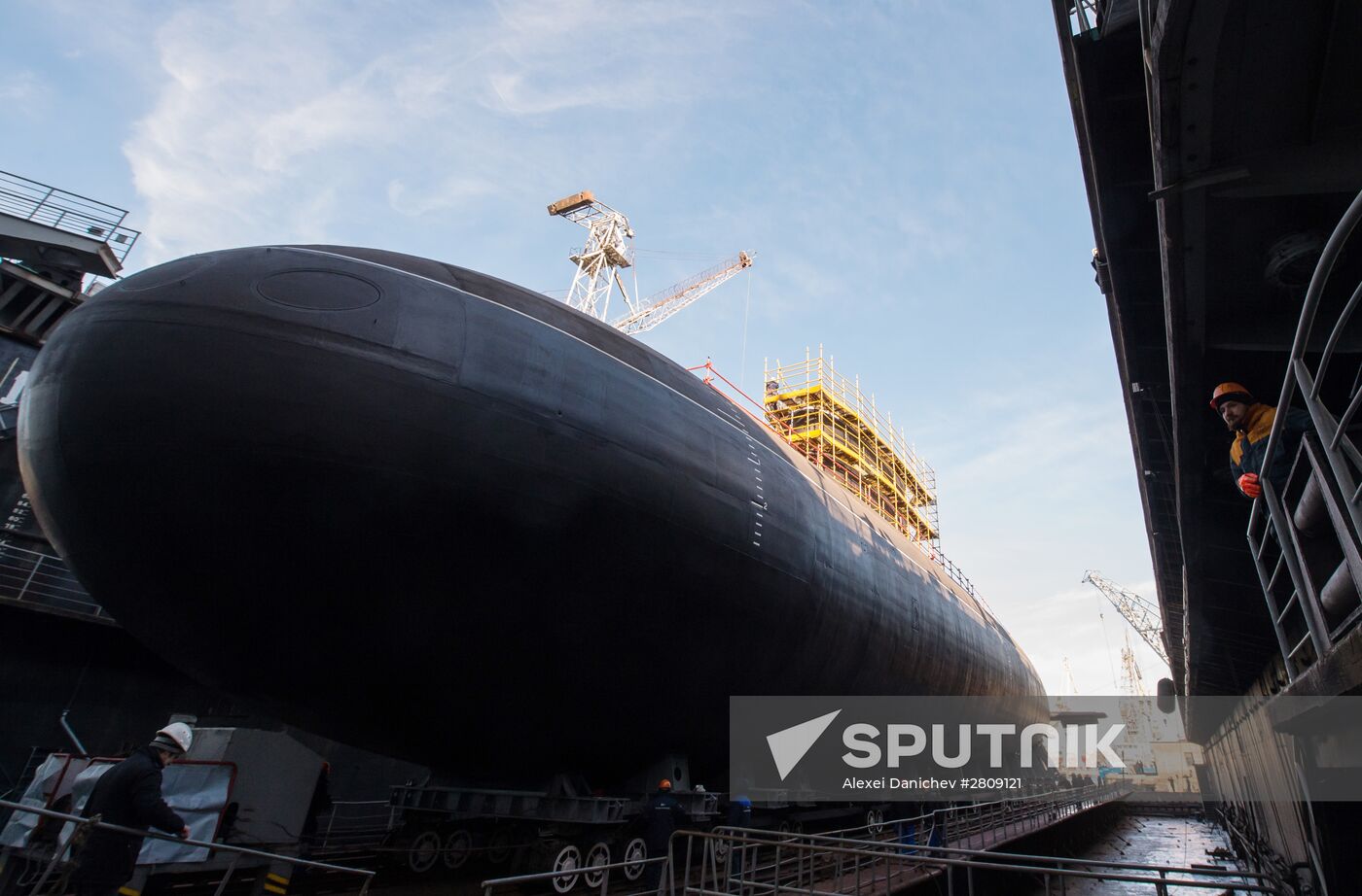 The launch of The Veliky Novgorod submarine in St. Petersburg