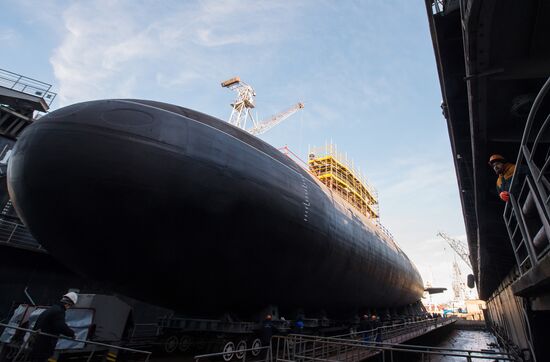 The launch of The Veliky Novgorod submarine in St. Petersburg