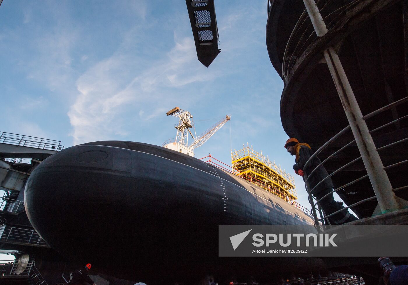 The launch of The Veliky Novgorod submarine in St. Petersburg