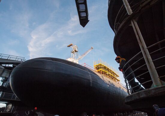 The launch of The Veliky Novgorod submarine in St. Petersburg