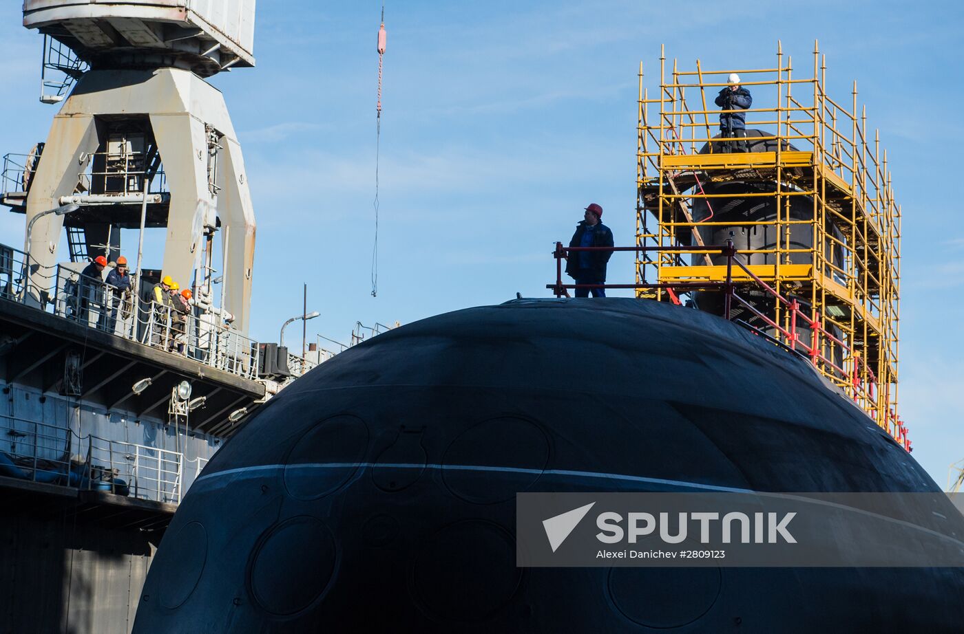 The launch of The Veliky Novgorod submarine in St. Petersburg