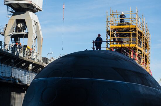 The launch of The Veliky Novgorod submarine in St. Petersburg