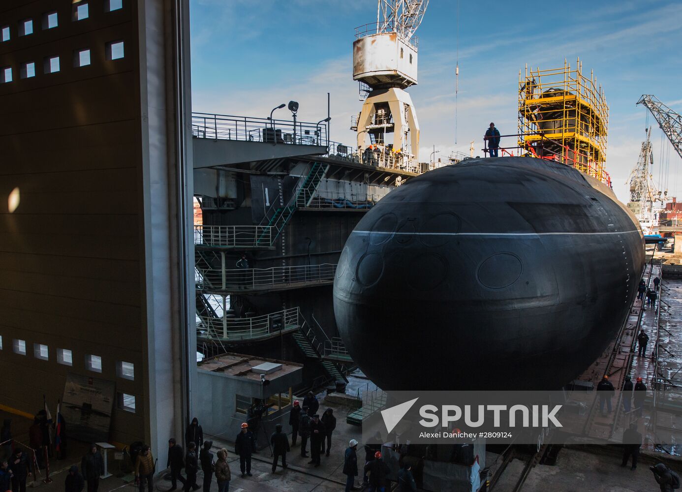 The launch of The Veliky Novgorod submarine in St. Petersburg