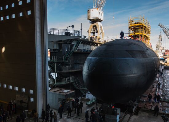 The launch of The Veliky Novgorod submarine in St. Petersburg