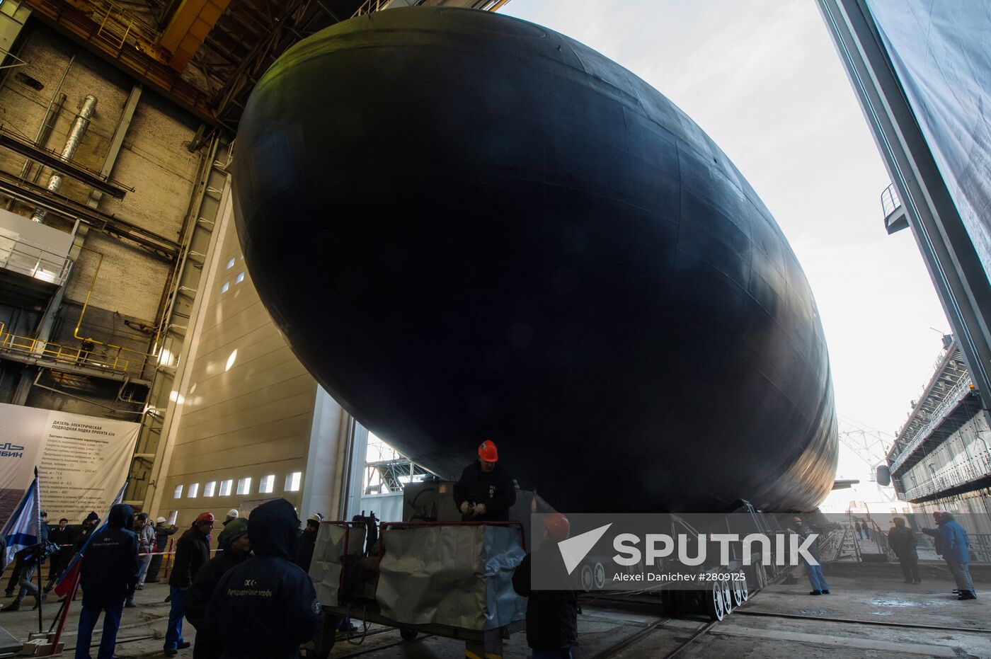 The launch of The Veliky Novgorod submarine in St. Petersburg