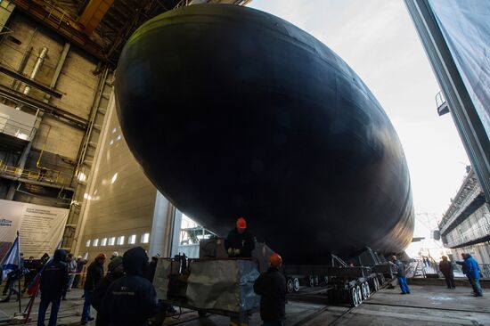 The launch of The Veliky Novgorod submarine in St. Petersburg