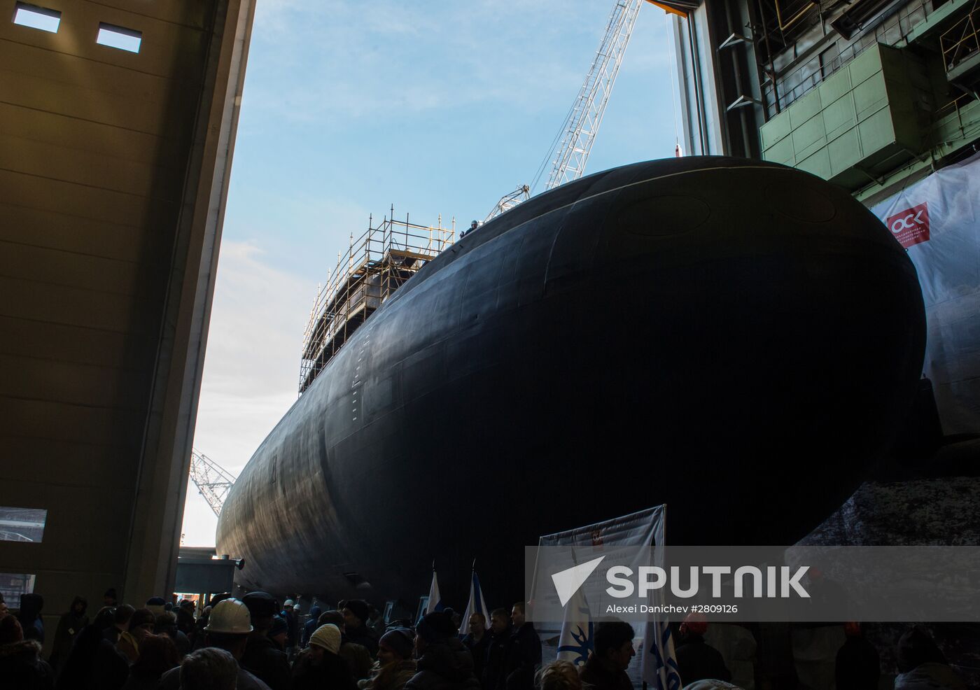 The launch of The Veliky Novgorod submarine in St. Petersburg