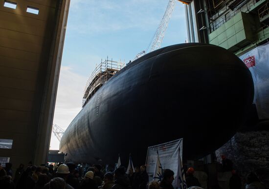 The launch of The Veliky Novgorod submarine in St. Petersburg