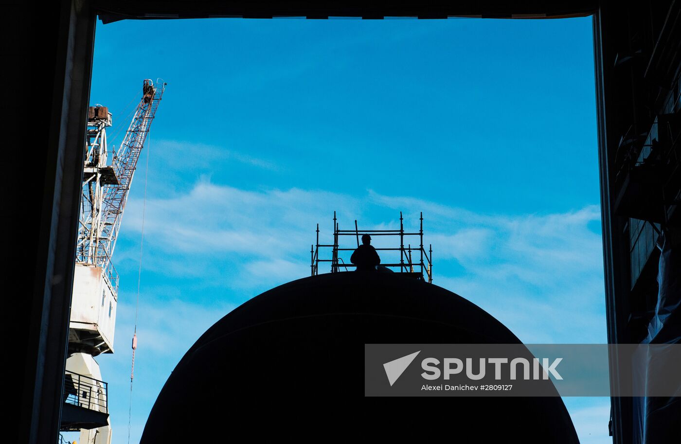 The launch of The Veliky Novgorod submarine in St. Petersburg