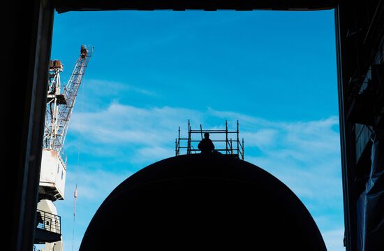 The launch of The Veliky Novgorod submarine in St. Petersburg