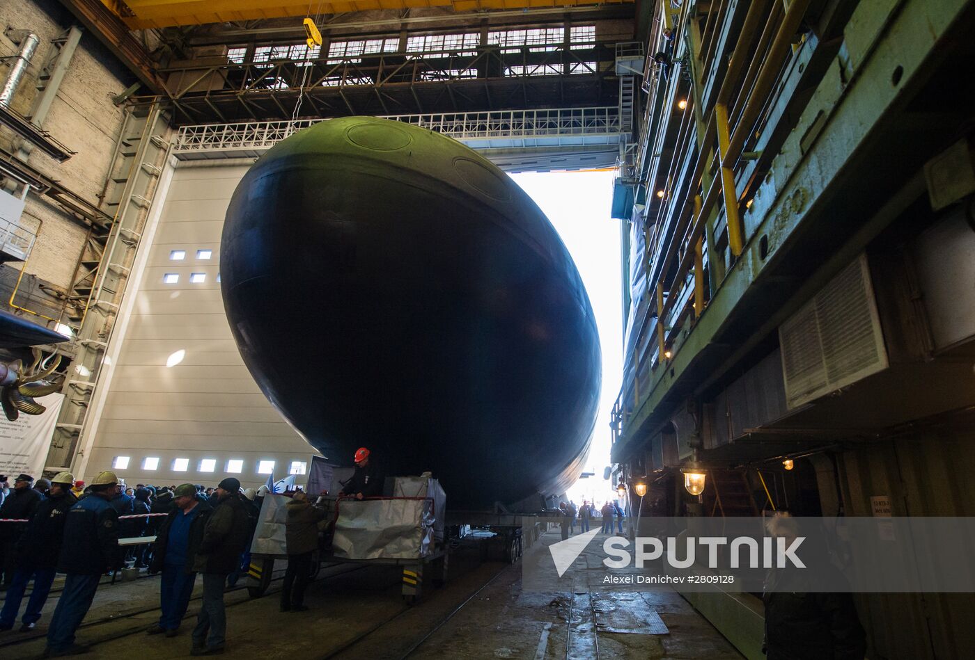 The launch of The Veliky Novgorod submarine in St. Petersburg