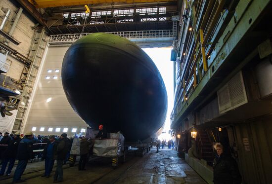 The launch of The Veliky Novgorod submarine in St. Petersburg