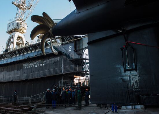 The launch of The Veliky Novgorod submarine in St. Petersburg