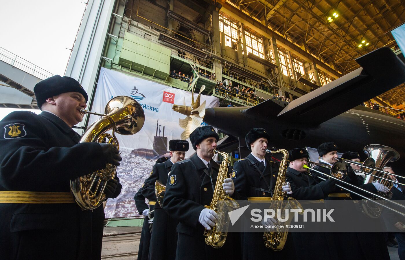 The launch of The Veliky Novgorod submarine in St. Petersburg