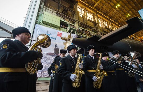 The launch of The Veliky Novgorod submarine in St. Petersburg