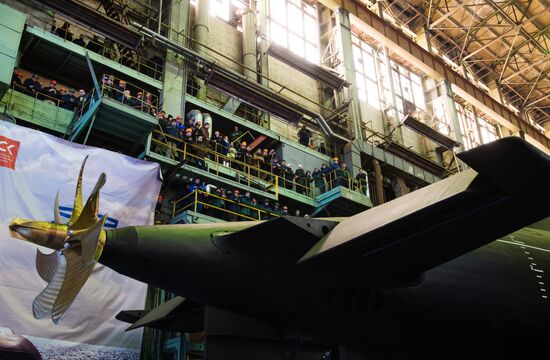 The launch of The Veliky Novgorod submarine in St. Petersburg