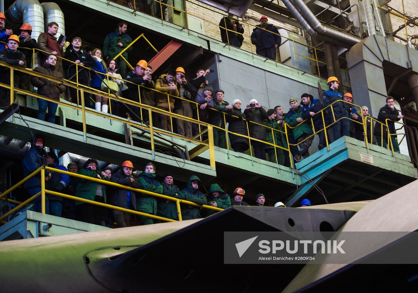 The launch of The Veliky Novgorod submarine in St. Petersburg