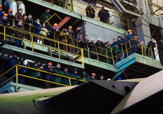 The launch of The Veliky Novgorod submarine in St. Petersburg