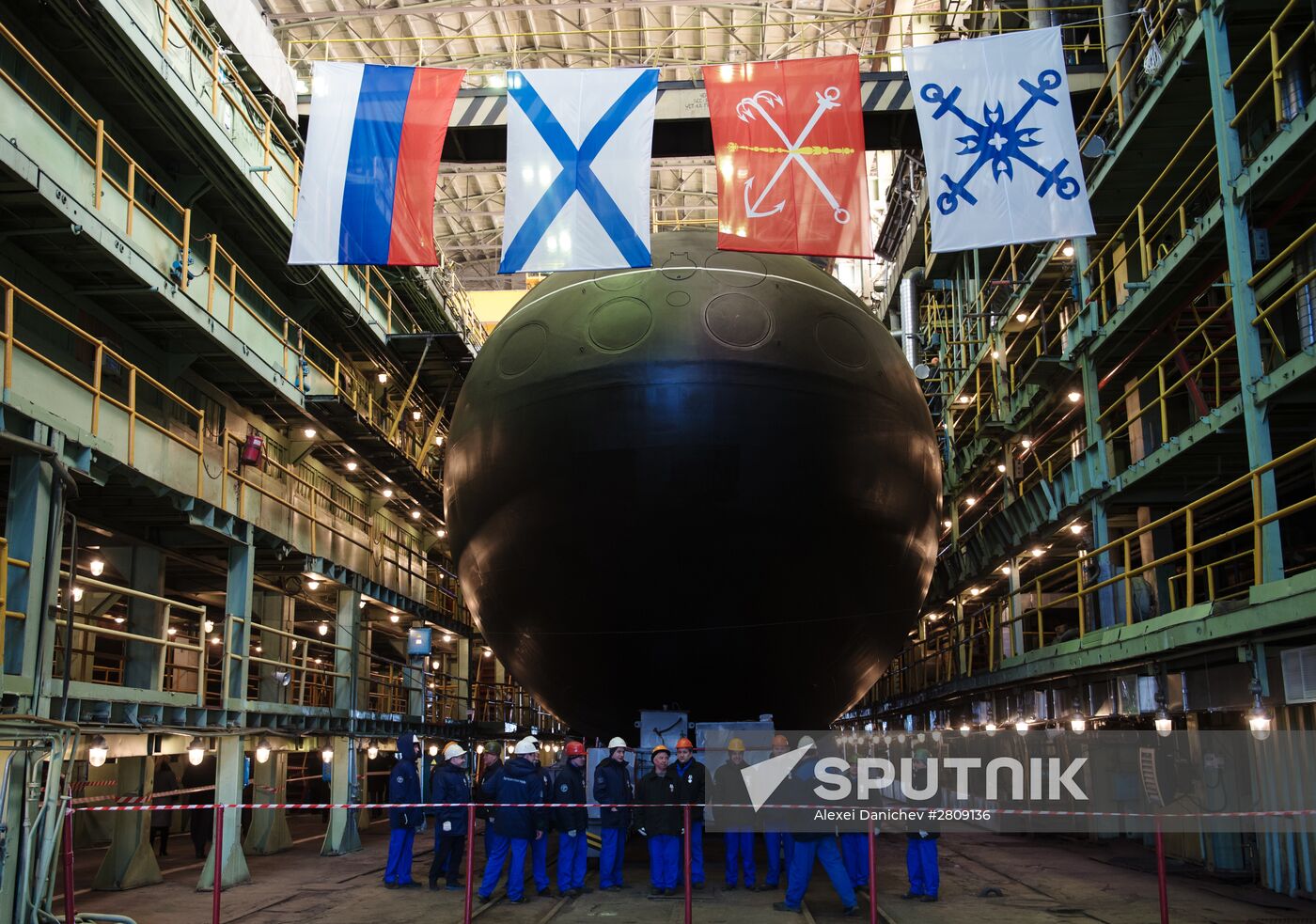 The launch of The Veliky Novgorod submarine in St. Petersburg
