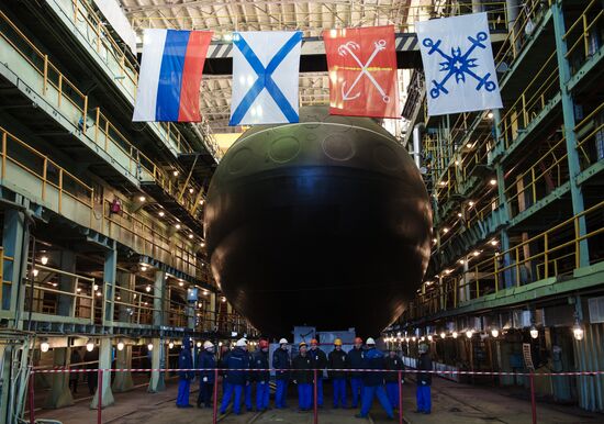 The launch of The Veliky Novgorod submarine in St. Petersburg