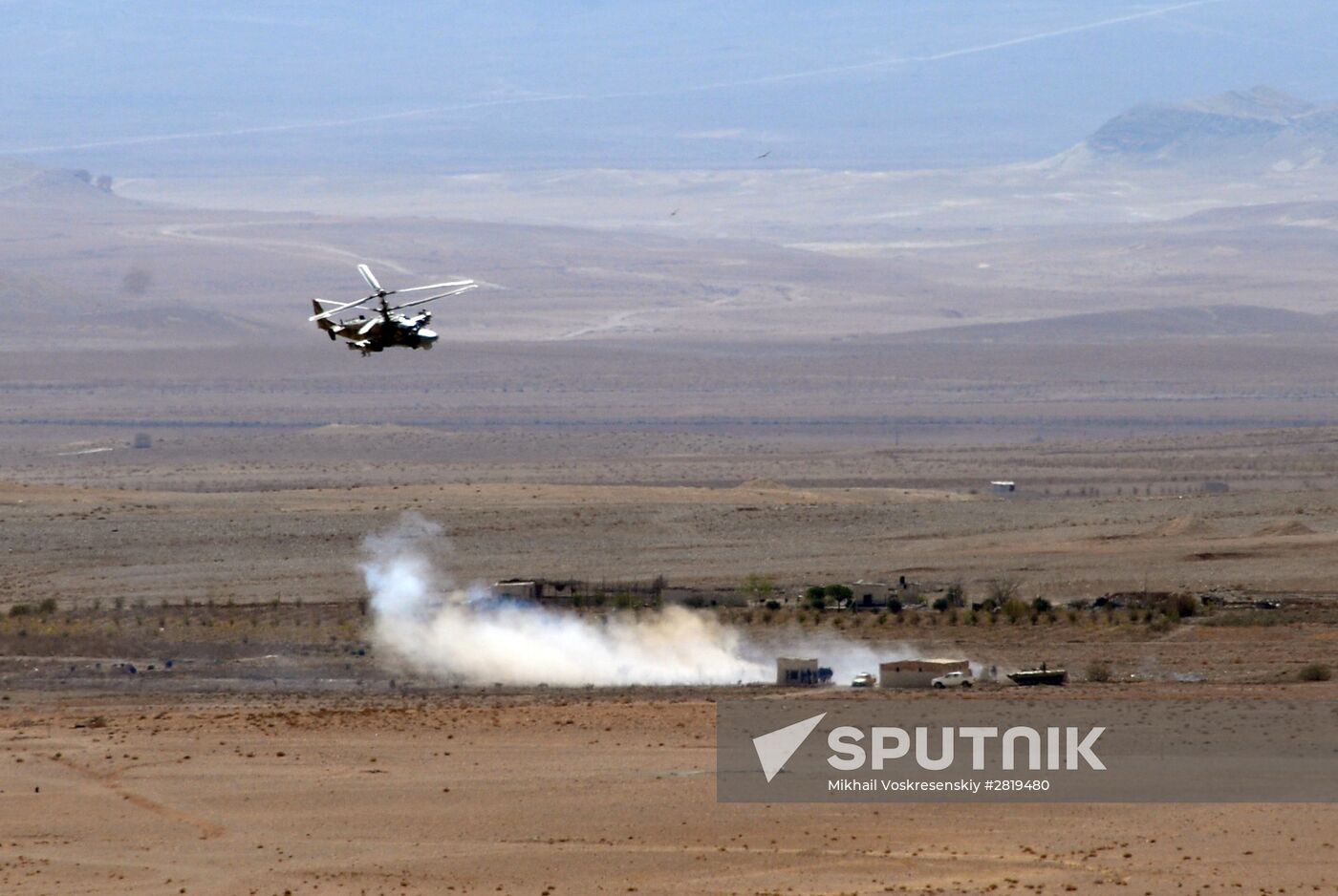 A Kamov Ka-52 Hokum-B attack helicopter hits targets in Syria