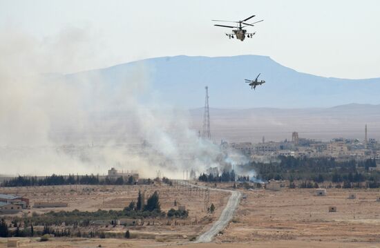 A Kamov Ka-52 Hokum-B attack helicopter hits targets in Syria