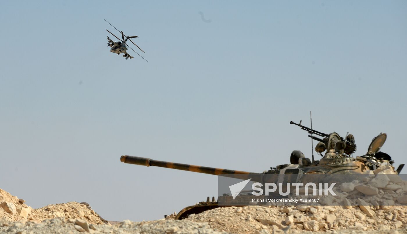 A Kamov Ka-52 Hokum-B attack helicopter hits targets in Syria