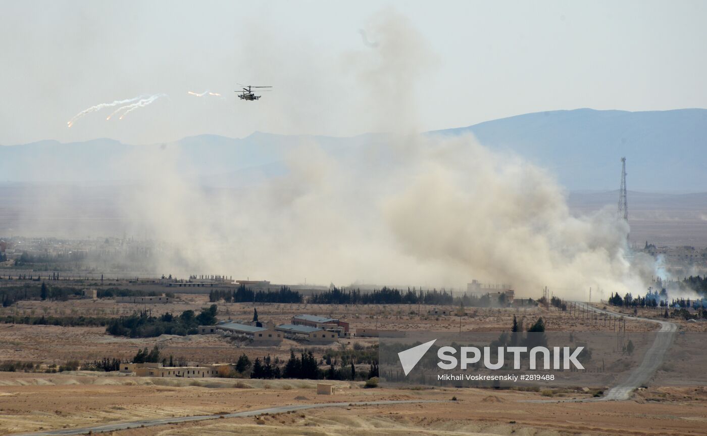 A Kamov Ka-52 Hokum-B attack helicopter hits targets in Syria