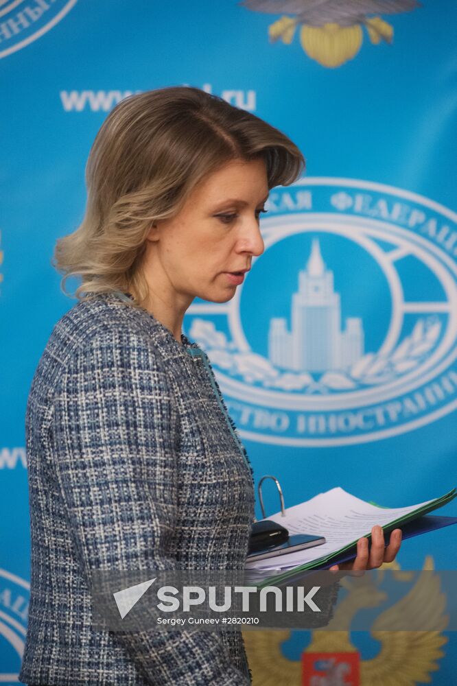 Russian Foreign Ministry Spokesperson Maria Zakharova at a briefing on current foreign policy issues. Location: Russia, Moscow. Author: Sergey Guneev/Sputnik. Briefing with Russian Foreign Affairs Ministry Spokesperson Maria Zakharova
