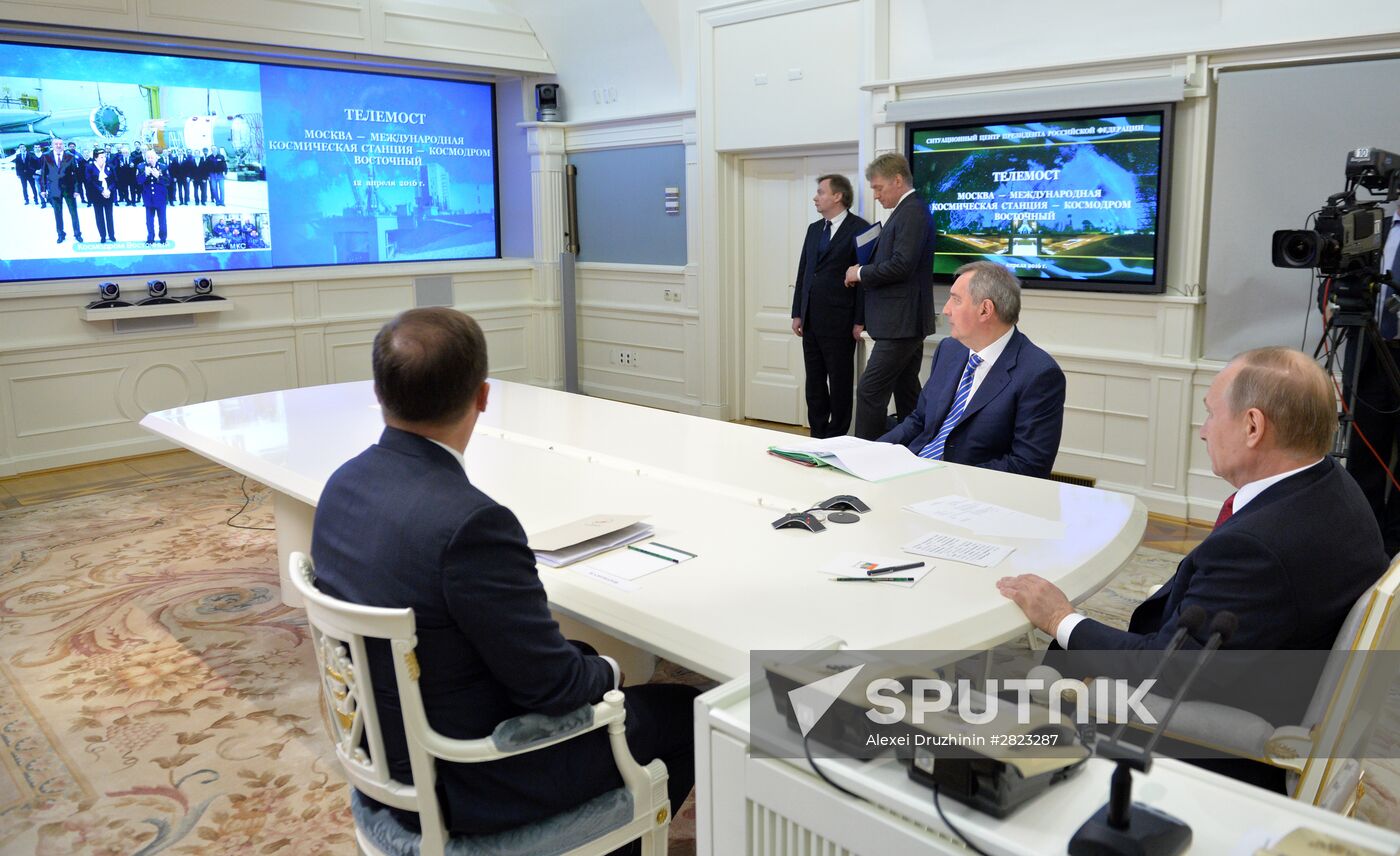 Russian President Vladimir Putin holds videoconference with ISS and Vostochny space center