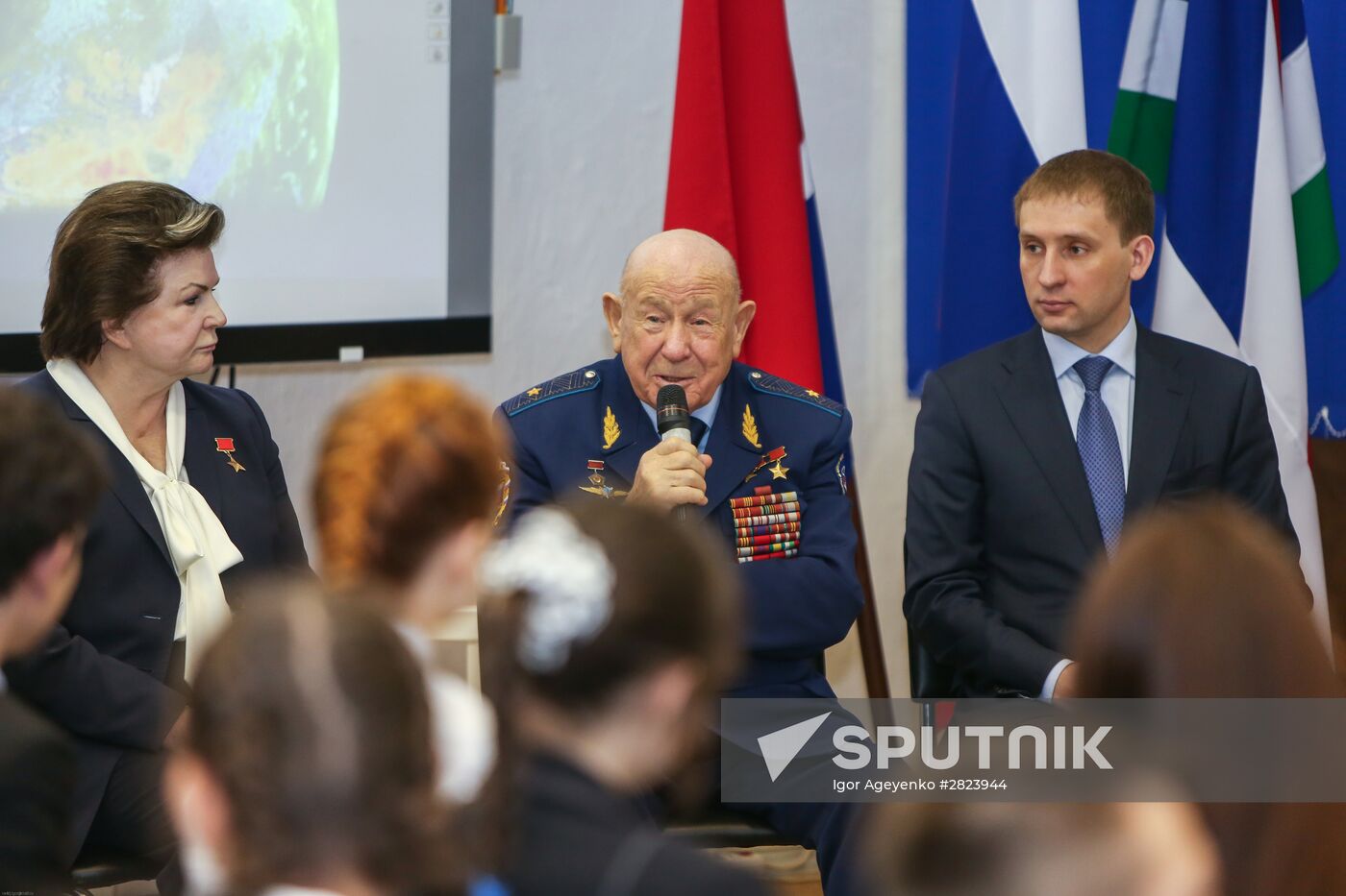 Valentina Tereshkova and Alexei Leonov's meeting with students at school No. 5 in Blagoveshchensk