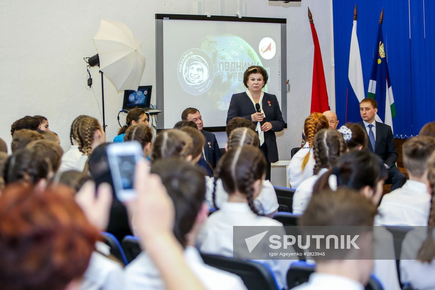 Valentina Tereshkova and Alexei Leonov's meeting with students at school No. 5 in Blagoveshchensk