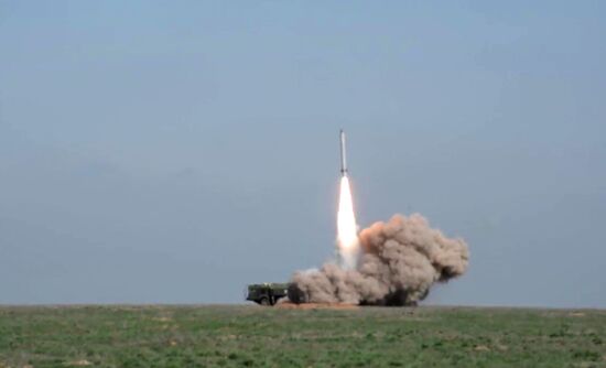 Iskander-M missile combat launch on test range in Astrakhan region