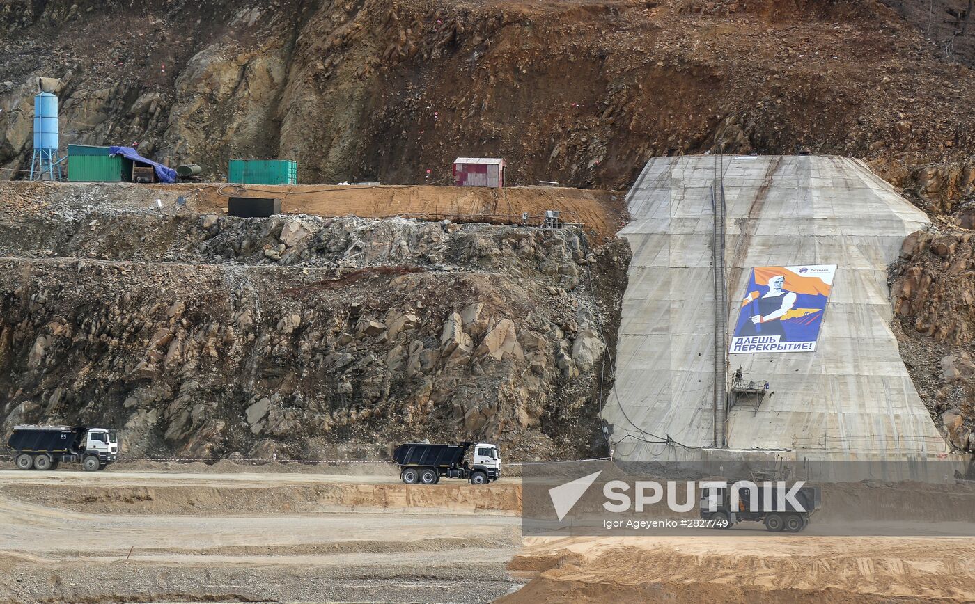 River Bureya damming at Nizhne-Bureiskaya HPP in Amur region