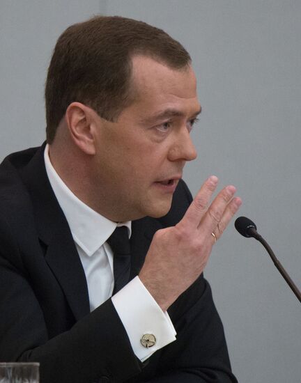 Russian Prime Minister Dmitry Medvedev speaks at the State Duma