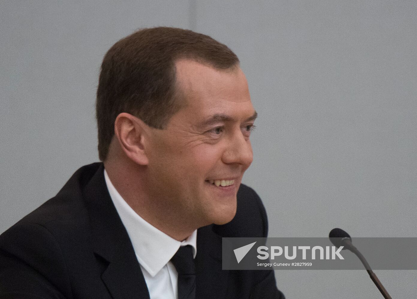 Russian Prime Minister Dmitry Medvedev speaks at the State Duma