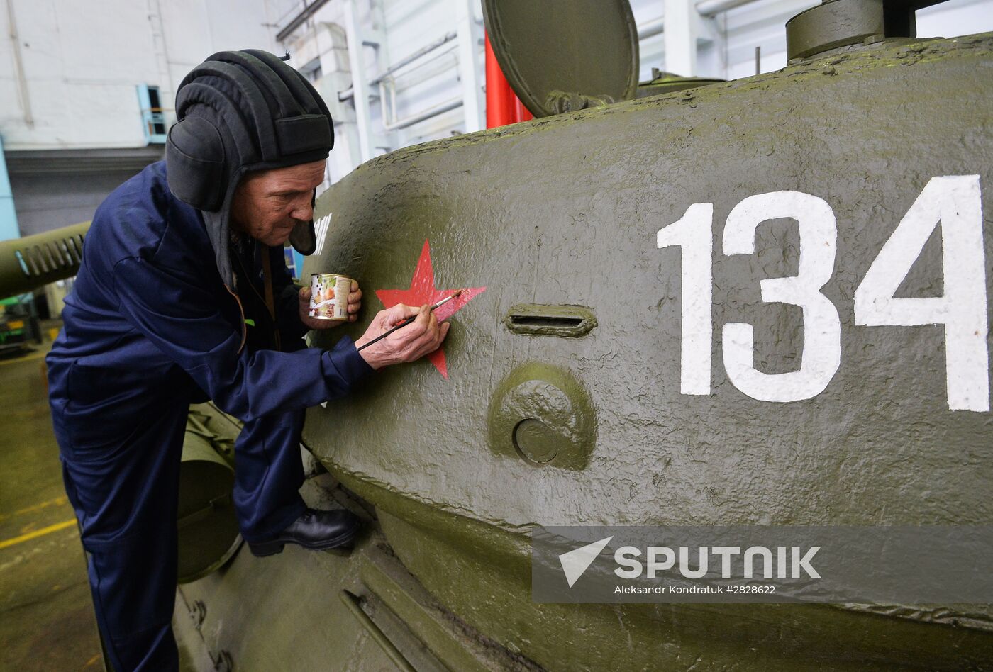 T-34 and IS-3 tanks are prepared for Victory parade at Chelyabinsk Tractor Plant