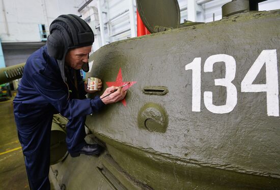 T-34 and IS-3 tanks are prepared for Victory parade at Chelyabinsk Tractor Plant